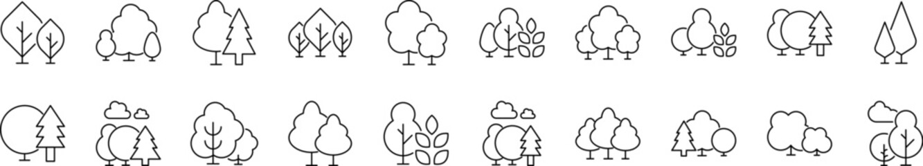 Trees, Forest, Wood Bundle of Thin Icons. Editable Stroke. Perfect for Web Sites, Books, Cards, Apps