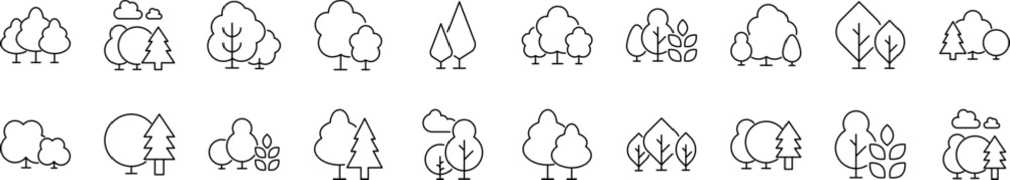 Trees, Forest, Wood Pack of Thin Icons. Editable Stroke. Perfect for Web Sites, Books, Cards, Apps
