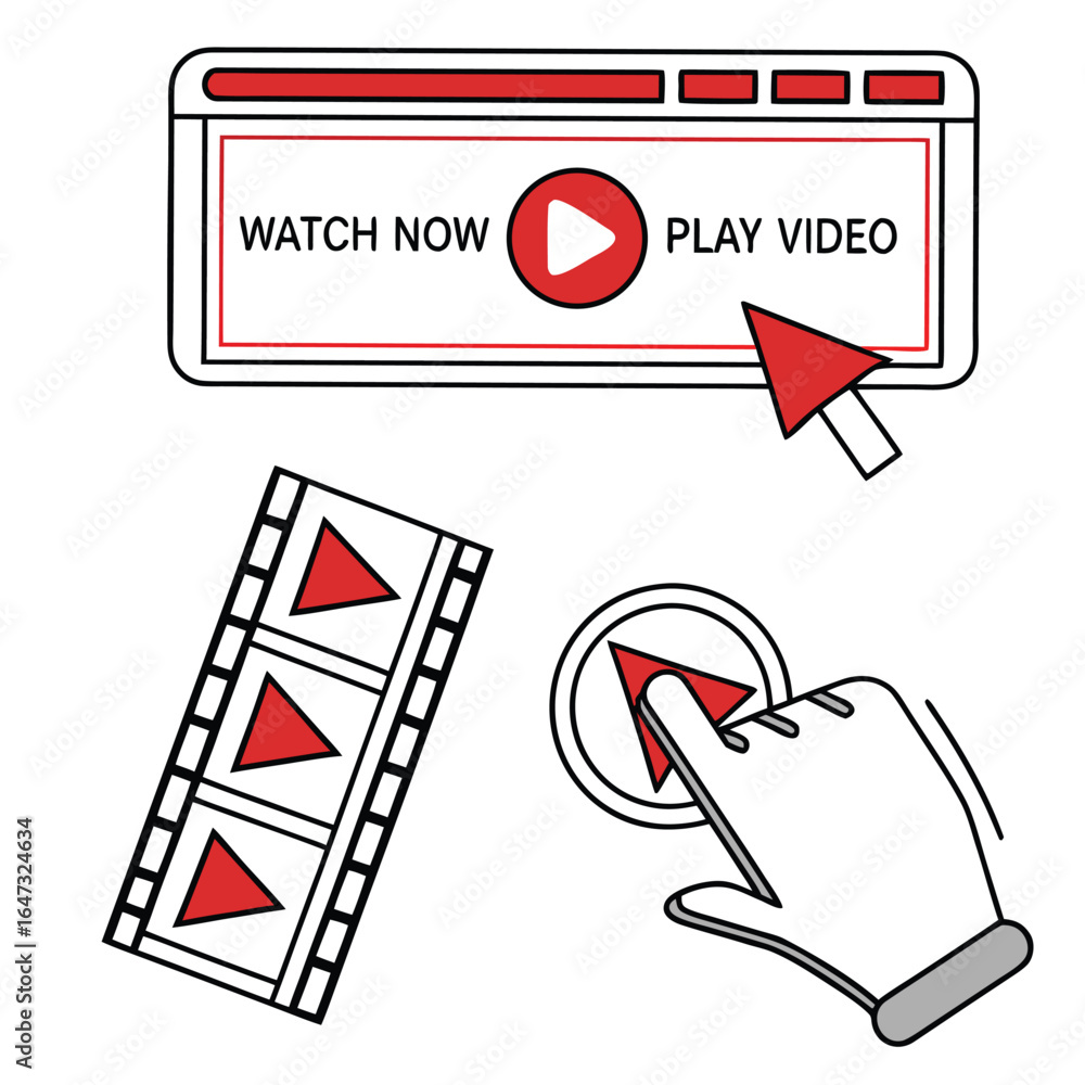Fototapete watch now buttons with computer mouse click cursor arrow icons set and hand pointers. play video but