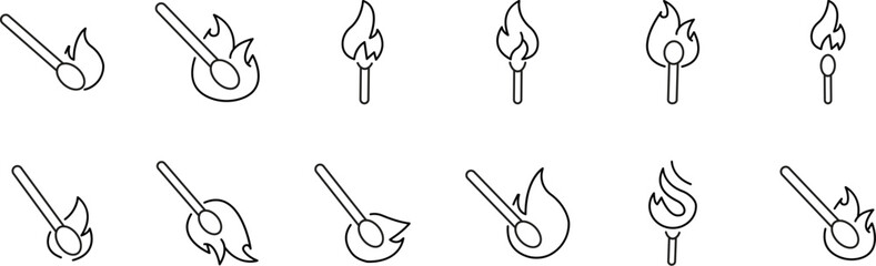 Collection of Fire Related Line Icons. Matches Outline Signs for Graphic and Web Design, Apps, Adverts, Various Cards