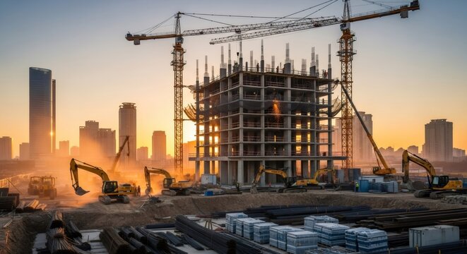 Sunset view of a skyscraper construction site with cranes, excavators, and men working, showcasing urban development concept.