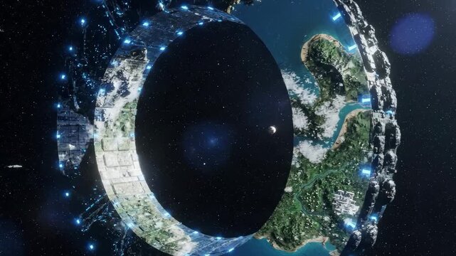 Circular world with artificial land, waters, cities and vegetation, orbiting in space, A fictional megastructure of a world, orbiting through the darkness of space