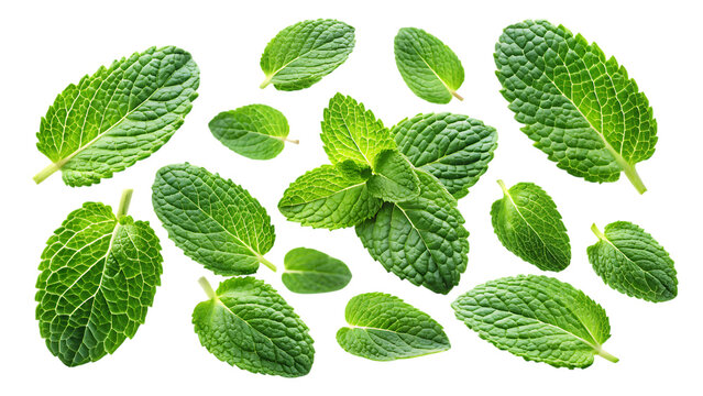 flying mint leaves isolated - on a white background PNG. GENERATIVE AI
