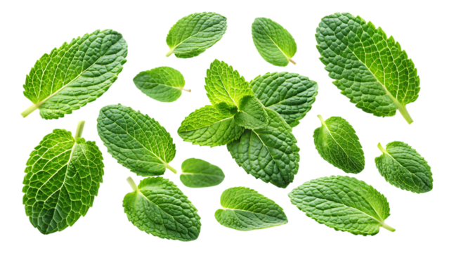 flying mint leaves isolated - on a white background PNG. GENERATIVE AI