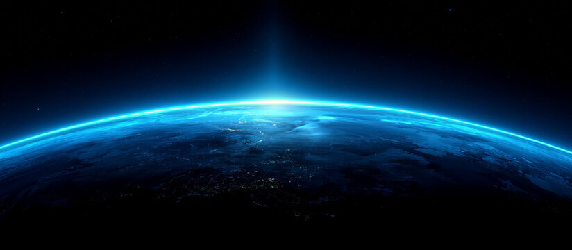 Blue glowing light beam on a black background with an earth shadow. Abstract blue gradient space background with a copy text area for design, banner, wallpaper, or poster. Stock photo, dark atmosphere