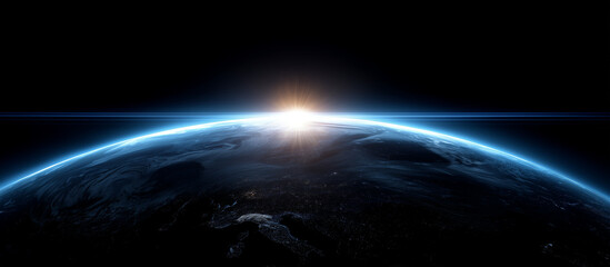 Blue glowing light beam on a black background with an earth shadow. Abstract blue gradient space background with a copy text area for design, banner, wallpaper, or poster. Stock photo, dark atmosphere