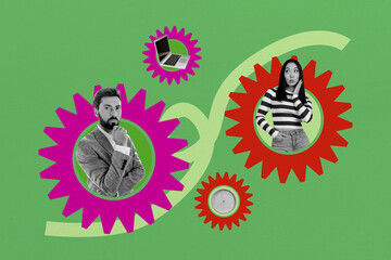 Exclusive image full photo collage of happy business partners girl guy peek gearwheel laptop device time development career