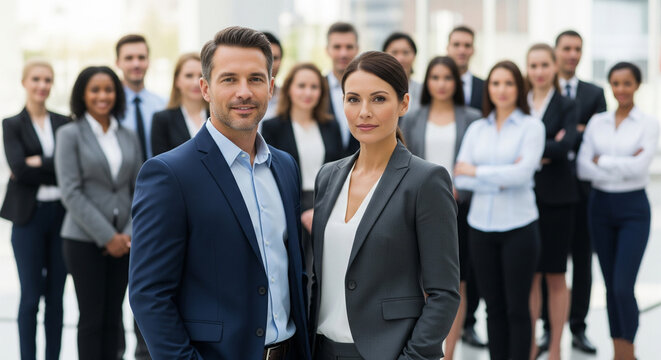 Group of business people, with a male and female leader standing together in a bright, modern office, showcasing teamwork and professional collaboration