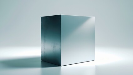 Fototapeta premium A metallic cube with reflective surfaces on a plain background.