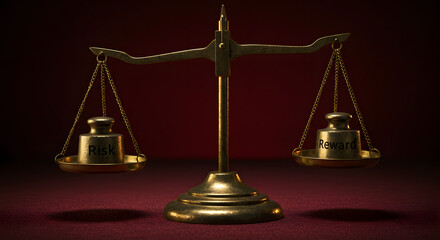 Antique Balance Scale Comparing Risk and Reward on Textured Red Surface
