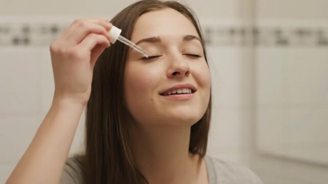 A young woman applies lubricating eye drops with a dropper in a bathroom for vision care and health.
