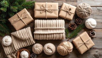 Fototapeta premium Christmas Gifts And Knitted Items On Wooden Background