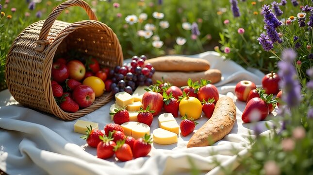 Fresh Fruit and Cheese in Picnic Basket