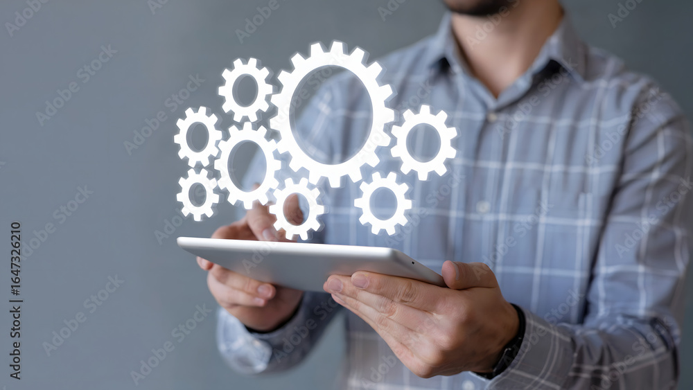 Poster man holding tablet with digital gears overlay showing technology and connection concept
