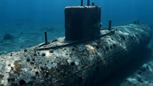 Sunken Relic: Submarine Graveyard in the Depths, Underwater Tomb: A Submerged Submarine Resting on the Ocean Floor