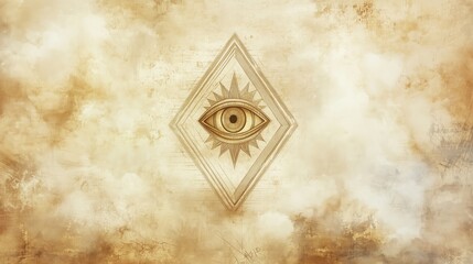 Esoteric illustration of the all-seeing eye symbol in golden tones on a vintage parchment background
