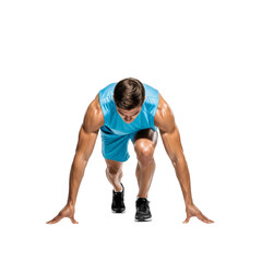 Fototapeta premium Young caucasian male athlete in starting position isolated on transparent background