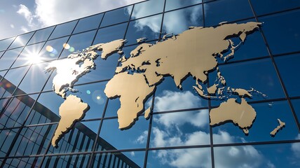 Global Business: Modern Building Exterior with World Map, Sunny Day, Corporate Success