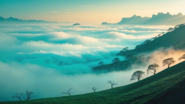 A scenic mountain landscape with clouds, mist, and silhouette trees on a sloping hill during dawn or dusk.