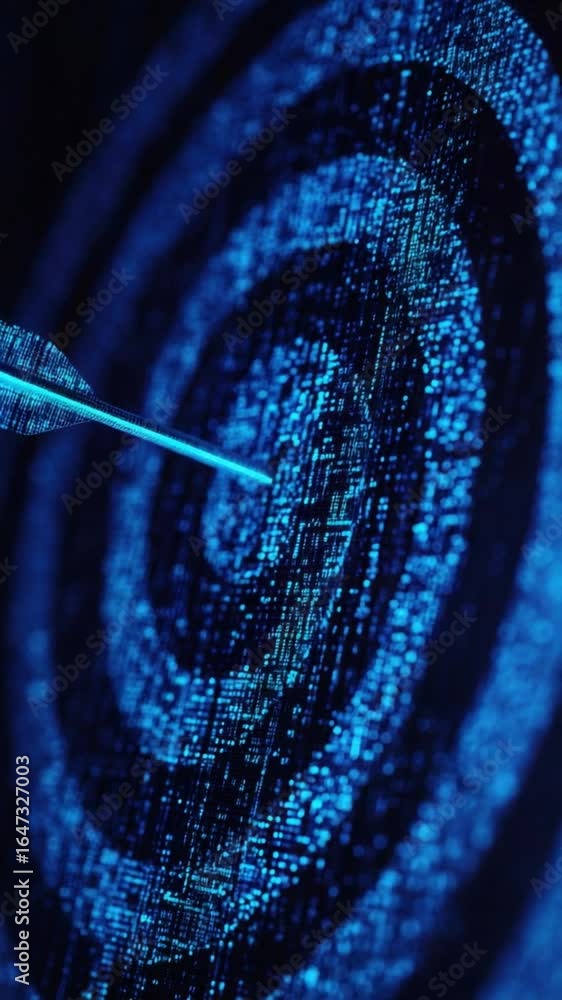 Poster a glowing blue arrow strikes a digital target composed of countless illuminated dots representing da