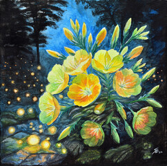 Painting watercolor evening primrose moonlight forest