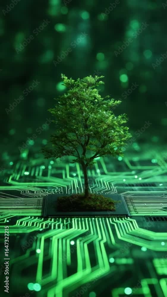 Poster a green tree grows from moss on a computer circuit board with glowing green lights