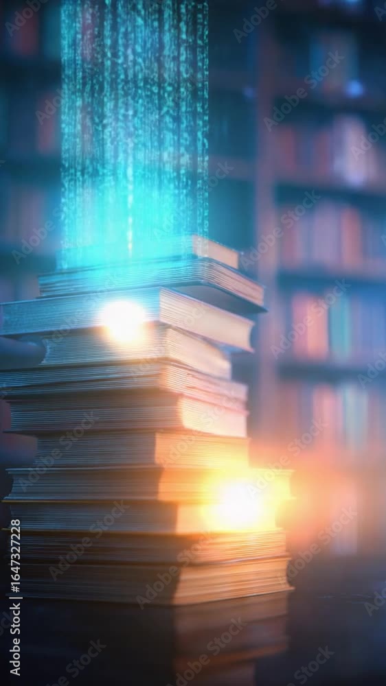 Poster stack of books with digital data streams and glowing lights in a library