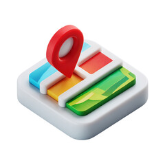 A map with a red pin marking a location isolated on transparent background, isometric view