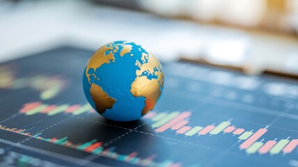 Global Finance: Miniature Earth on Stock Market Chart, Blue and Gold, Conceptual Business Image