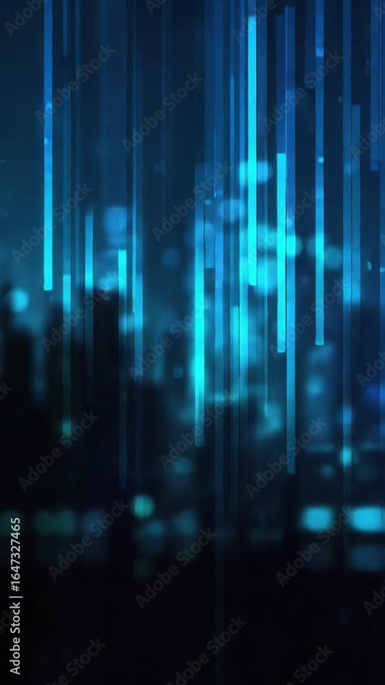 Poster abstract glowing blue vertical lines and bokeh circles on a dark background