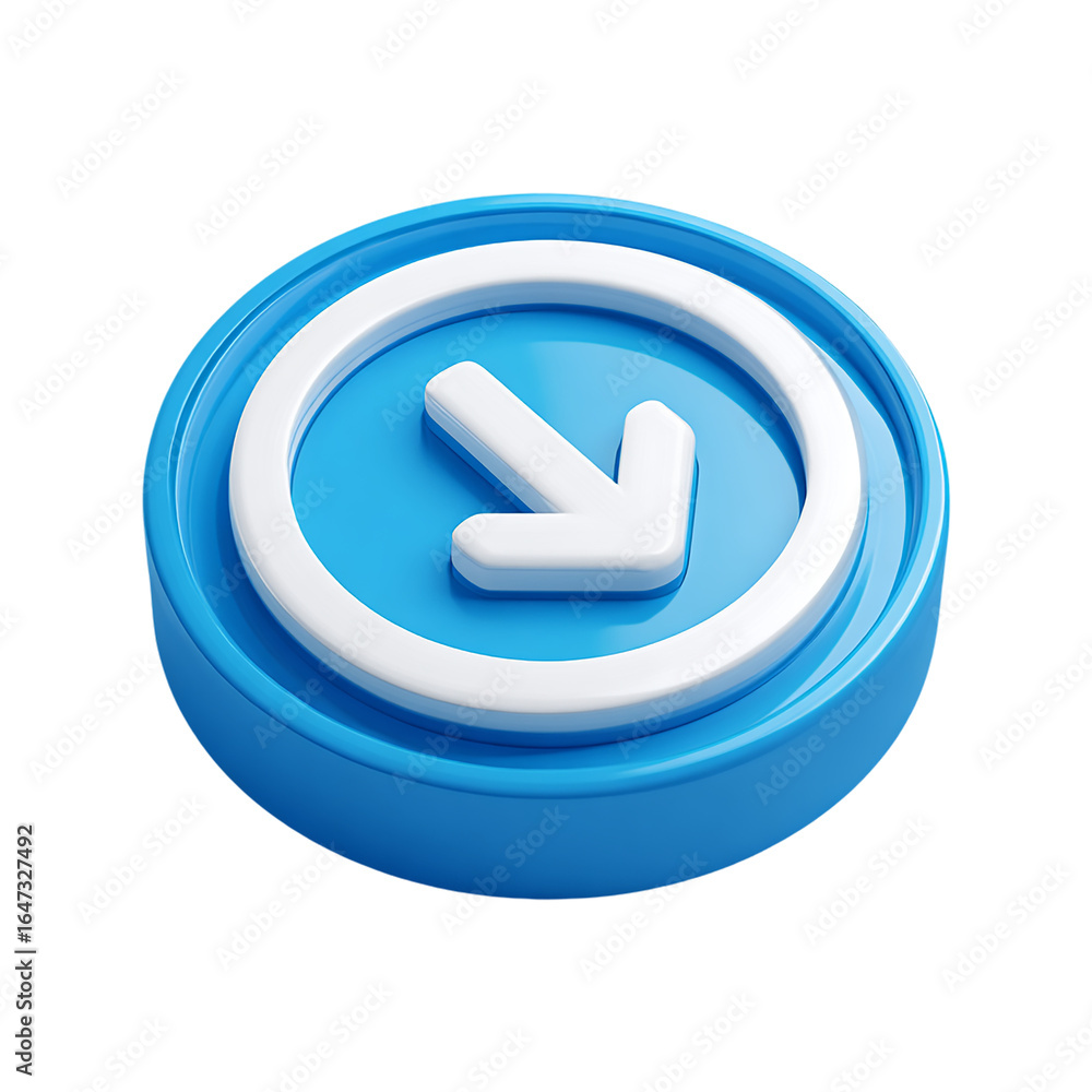 Aufkleber 3d render of a blue round button with a white arrow pointing down, isolated on transparent backgroun