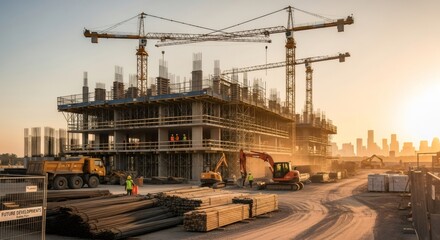 A large building construction site with multiple cranes and workers at sunset, ready for modern urban development.