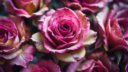 Close-up of pink roses with ruffled petals. Beautiful floral arrangement, vibrant colors, and detailed blooms. Nature, flowers, and floral decor.