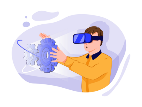 VR Engineer Interacting with 3D Gears in Virtual Space - Powered by Adobe