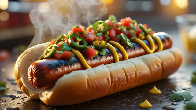 Close up of steaming grilled hot dog in soft bun topped with mustard diced tomatoes sliced jalapenos and fresh herbs on table