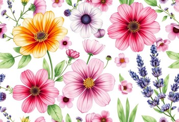 Fototapeta premium Delicate watercolor floral seamless pattern featuring cosmos, coreopsis, bells of Ireland, lavender, and green leaves on white, flowers, delicate