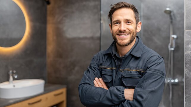 Confident Smiling Plumber in Uniform Posing Professionally