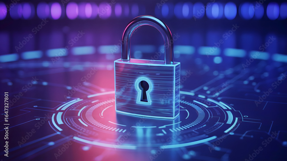 Poster close up of a padlock on a digital surface with blue and purple lighting and bokeh effect in the bac
