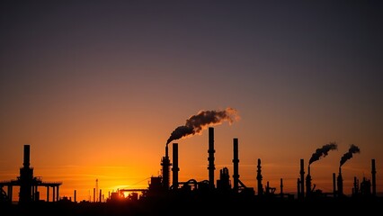 Industrial refinery silhouette at sunset with steam plumes against a dramatic gradient sky.