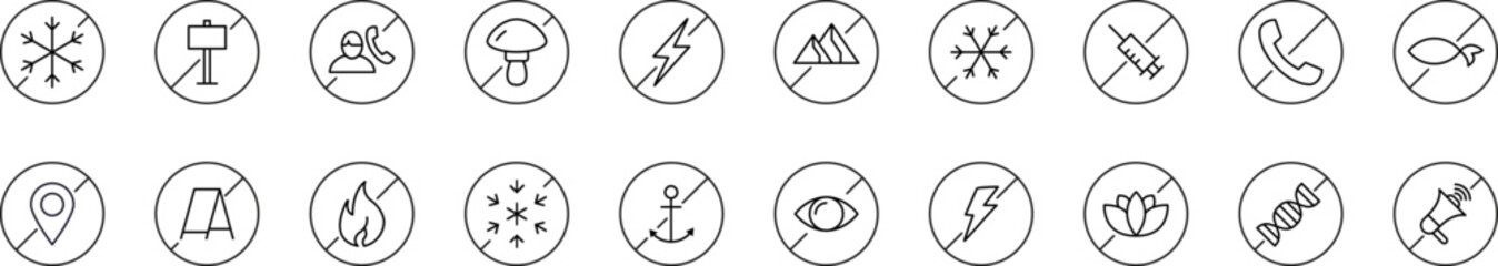 Minimalistic Linear Illustrations of Prohibition. Contains Icons of Forbidden Items for Graphics, Concept, Apps