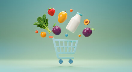 Pastel Shopping Cart with Floating Fresh Colorful Fruits and Milk Bottle
