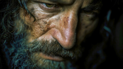 Obraz premium Intense portrait of the prophet Jeremiah, a biblical story of suffering, sorrow and persecution, a dramatic chiaroscuro face showing emotional pain, a holy man of faith and endurance.
