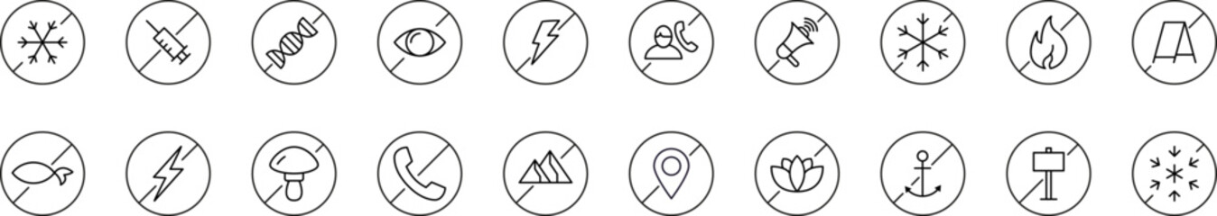 Prohibition Outline Simple Icons Bundle. Contains Icons of Forbidden Items for Graphics, Concept, Apps