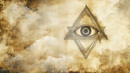 Esoteric illustration of the all-seeing eye symbol in golden tones on a vintage parchment background