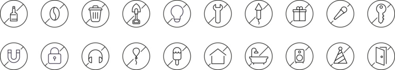 Forbidden Items Line Icon Collection. Editable Stroke. Perfect for Graphics, Designs, Books, Adverts, Apps