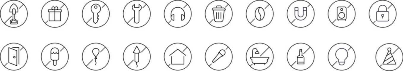 Forbidden Items Related Line Icon Collection. Editable Stroke. Perfect for Graphics, Designs, Books, Adverts, Apps
