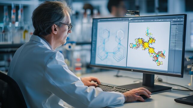 Middle-aged Caucasian male scientist analyzing molecular structures on a computer.