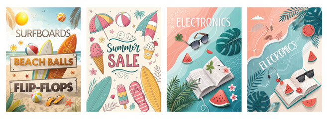 Colorful summer sale banners featuring beach elements, surfboards, and electronics, evoking a vibrant beach vibe.