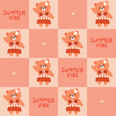 seamless pattern cute cartoon bear with Hawaiian outfit in pink patchwork style background. animal pattern for gift wrap paper