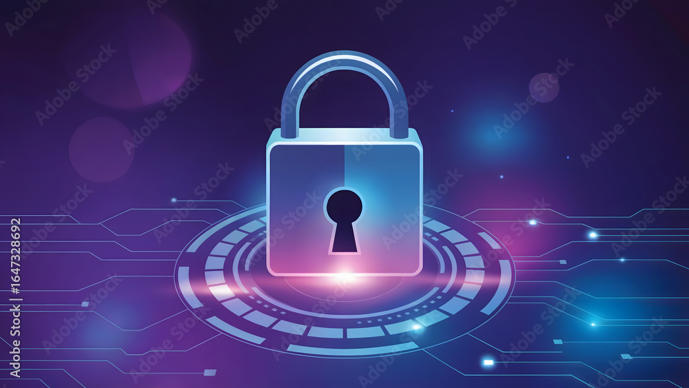 Poster a digital padlock over a circuit board on a purple and blue gradient background with bokeh effects
